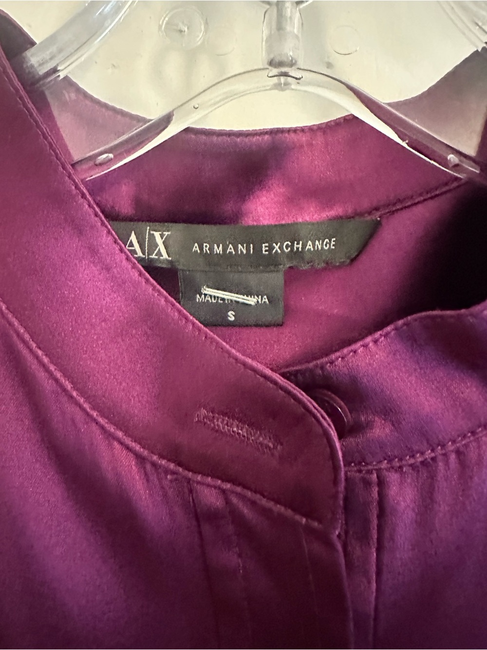 Armani Exchange Satin Plum Button-Front Blouse 100% silk